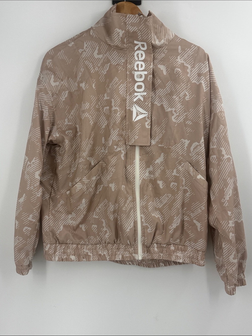 Reebok printed mesh focus track jacket pockets mushroom womens athletic wear